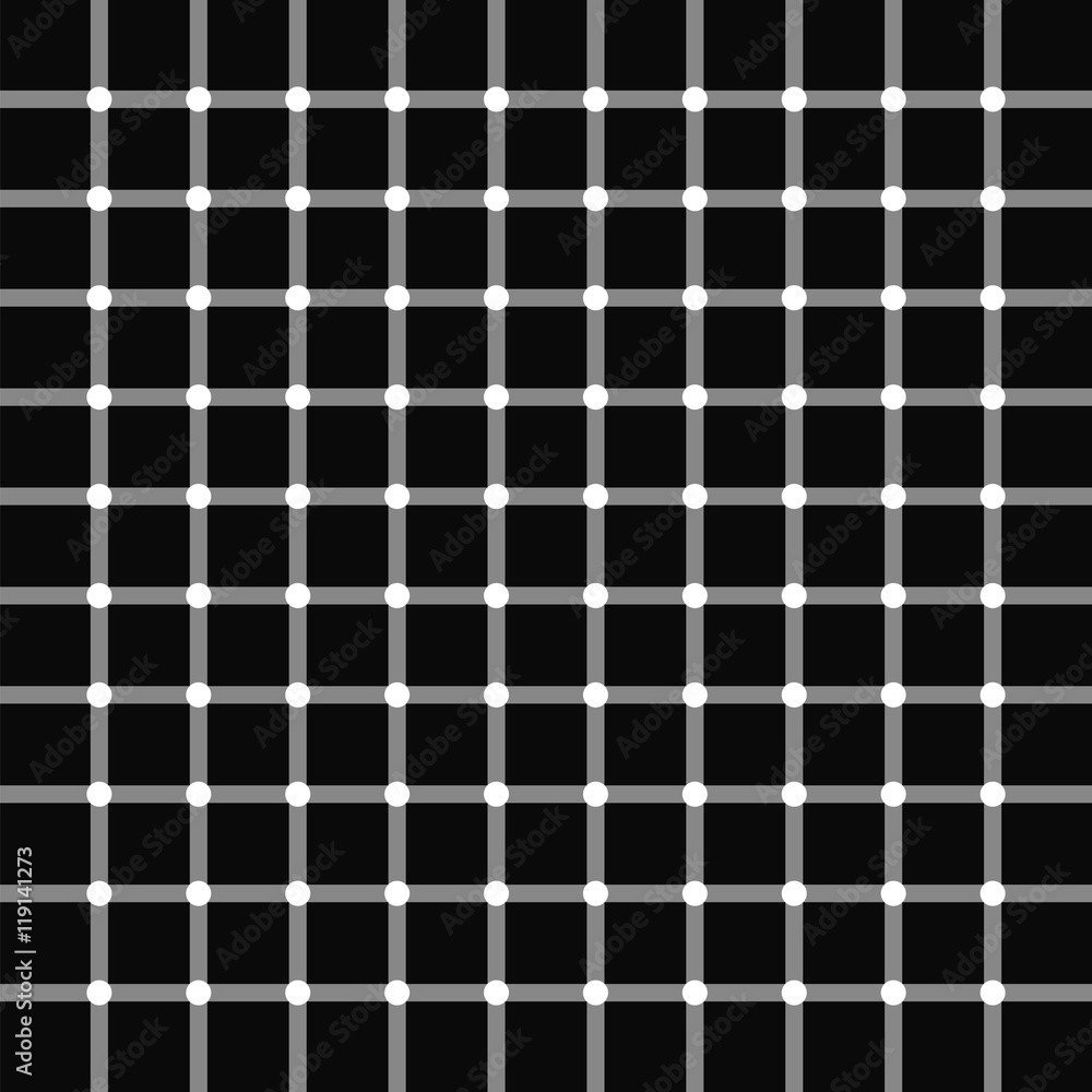 The pattern of intersecting gray lines on a black background, white circles at the intersections of the lines, the illusion of black circles, vector illustration for print or website design.