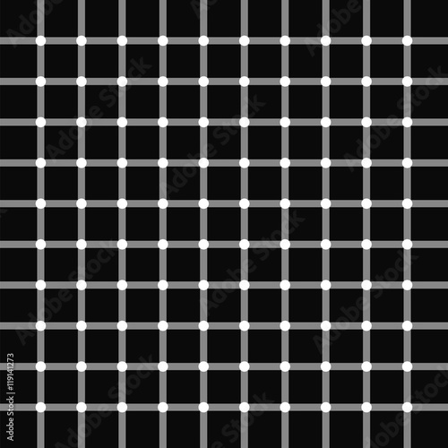 The pattern of intersecting gray lines on a black background, white circles at the intersections of the lines, the illusion of black circles, vector illustration for print or website design.