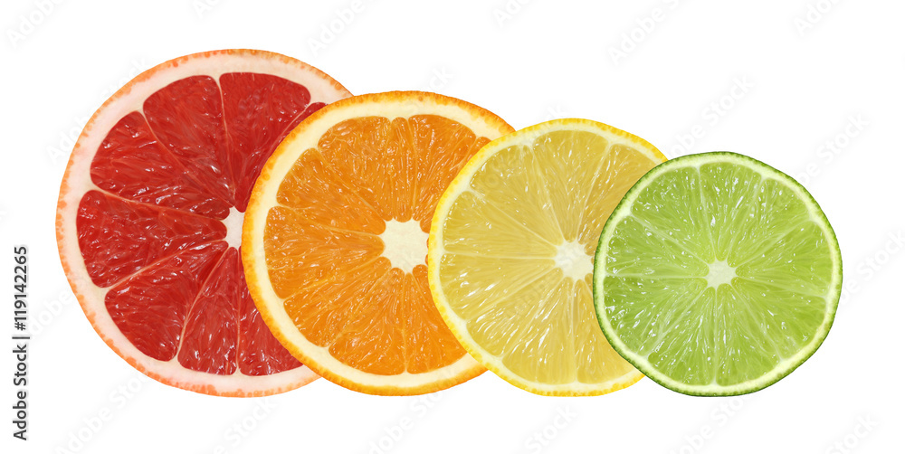 Obraz premium cut grapefruit, orange, lemon and lime fruits isolated on white