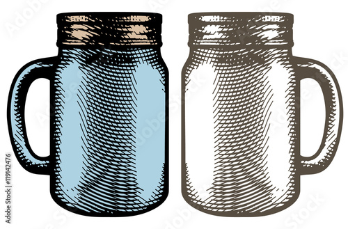 Mason jar mug in retro engraving style. Vector illustration.
