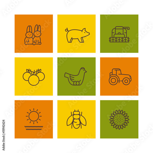 Farm, ranch line icons, rural machinery, agrimotor, hen, pig, rabbits, vegetables, vector illustration