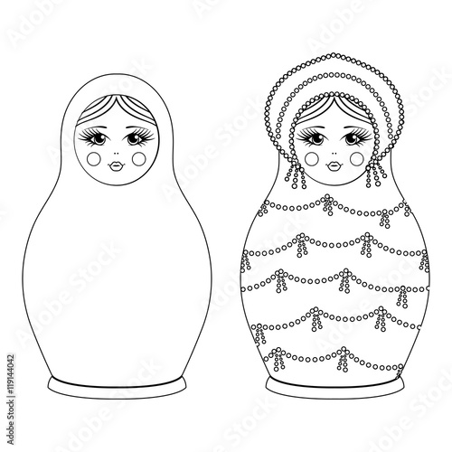 Russian traditional wooden toys, babushka, matryoshka, simple beauty design element. Vector illustration. National culture concept. Retro doll background for adult coloring page book