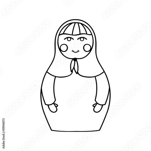 Russian traditional wooden toys, babushka, matryoshka, simple beauty design element. Vector illustration. National culture concept. Retro doll background for adult coloring page book