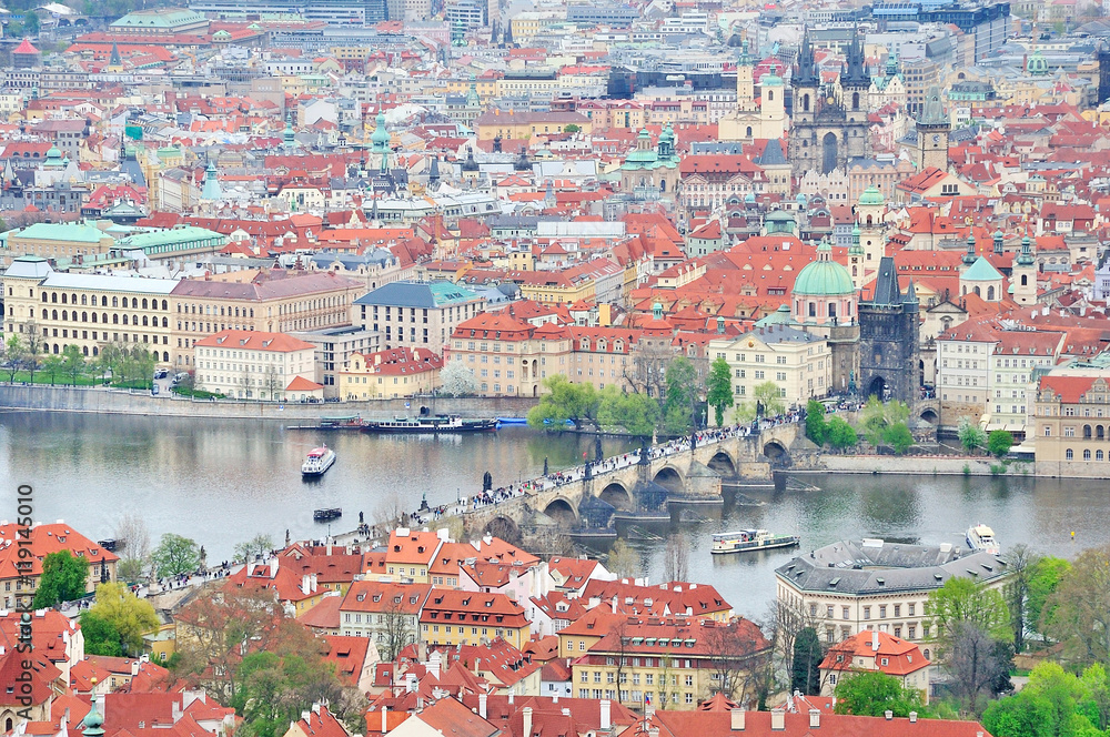 view of Charles Bridge over Vltava river and Old city from Petri