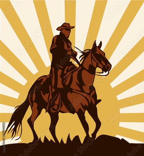 Cowboy on horse ride vintage vector poster