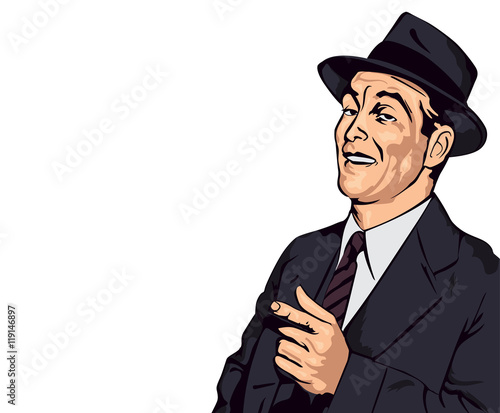 Retro man have fun and point the finger, vector image