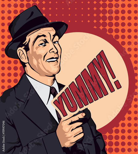 Retro man have fun and point the finger, vector image