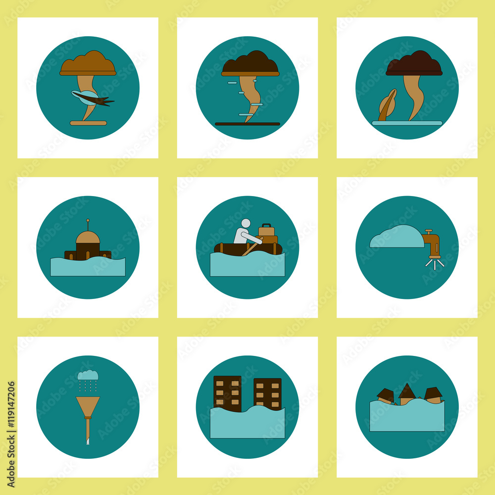 Collection of icons in flat style flood and tornado cataclysms Collection of icons in flat style flood and tornado cataclysms