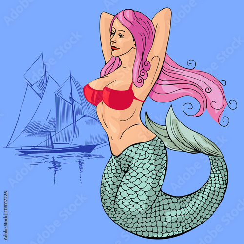 Mermaid vector image, sail ship on the background