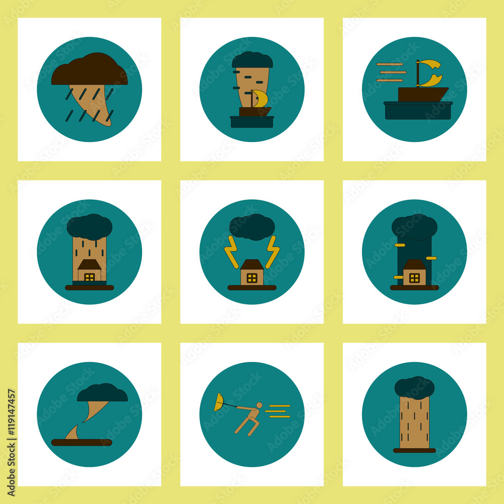 Collection of icons in flat style tornado cataclysm Collection of icons in flat style tornado cataclysm
