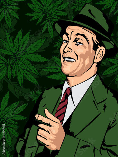 Retro man have fun and point the finger, cannabis leafs background, vector image