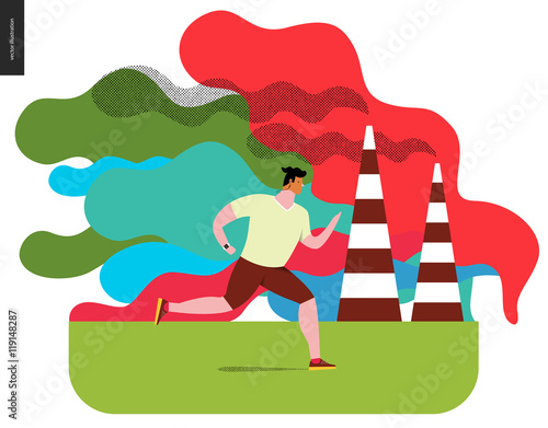 Young man running in smog, gas-polluted air. Flat vector cartoon illustration of a young sportsman running along the urban street, with a lot of smoke and industrial pipes smoking on the background.