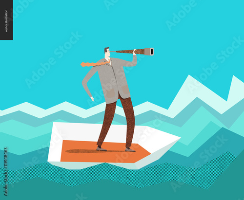 Businessman with a telescope in a boat. Flat vector concept cartoon illustration of a man wearing suit, looking through the telescope, standing in a small boat, surrounded by sharp waves, like graph.