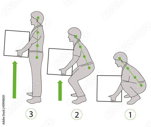 Correct posture to lift a heavy object safely. Illustration of health care. vector illustration