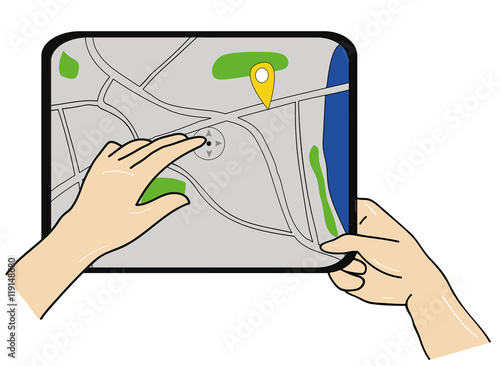 Cartoon hand holding a smartphone or tablet with the navigation application. Navigation concept. Sleek design. vector illustration.