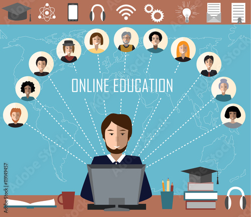 Tutor and his online education group on the world map background. Concept of distance education and e-learning.
