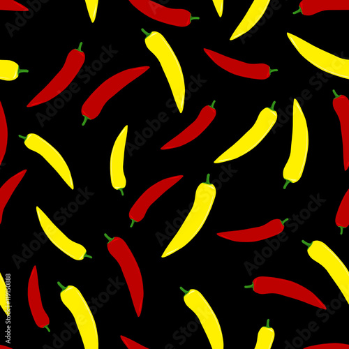 Rote und gelbe chillis auf schwarzem Hintergrund Vektor nahtlos