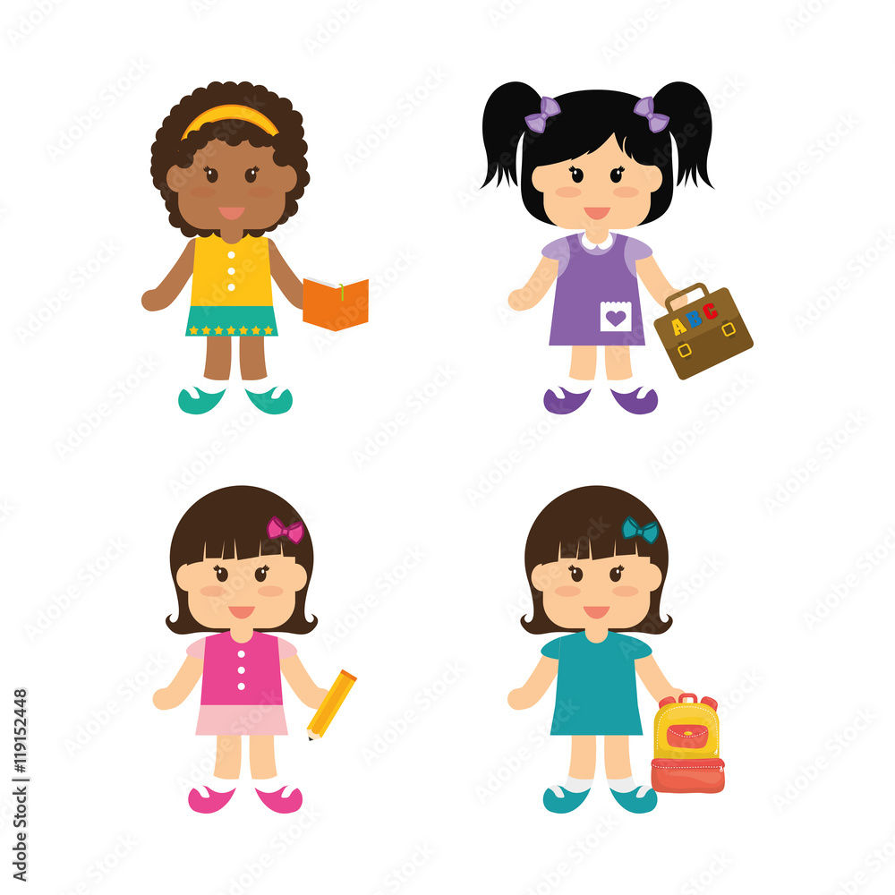 girls bag suitcase pencil book back to shool education icon set. Colorful and flat design. Vector illustration girls bag suitcase pencil book back to shool education icon set. Colorful and flat design. Vector illustration