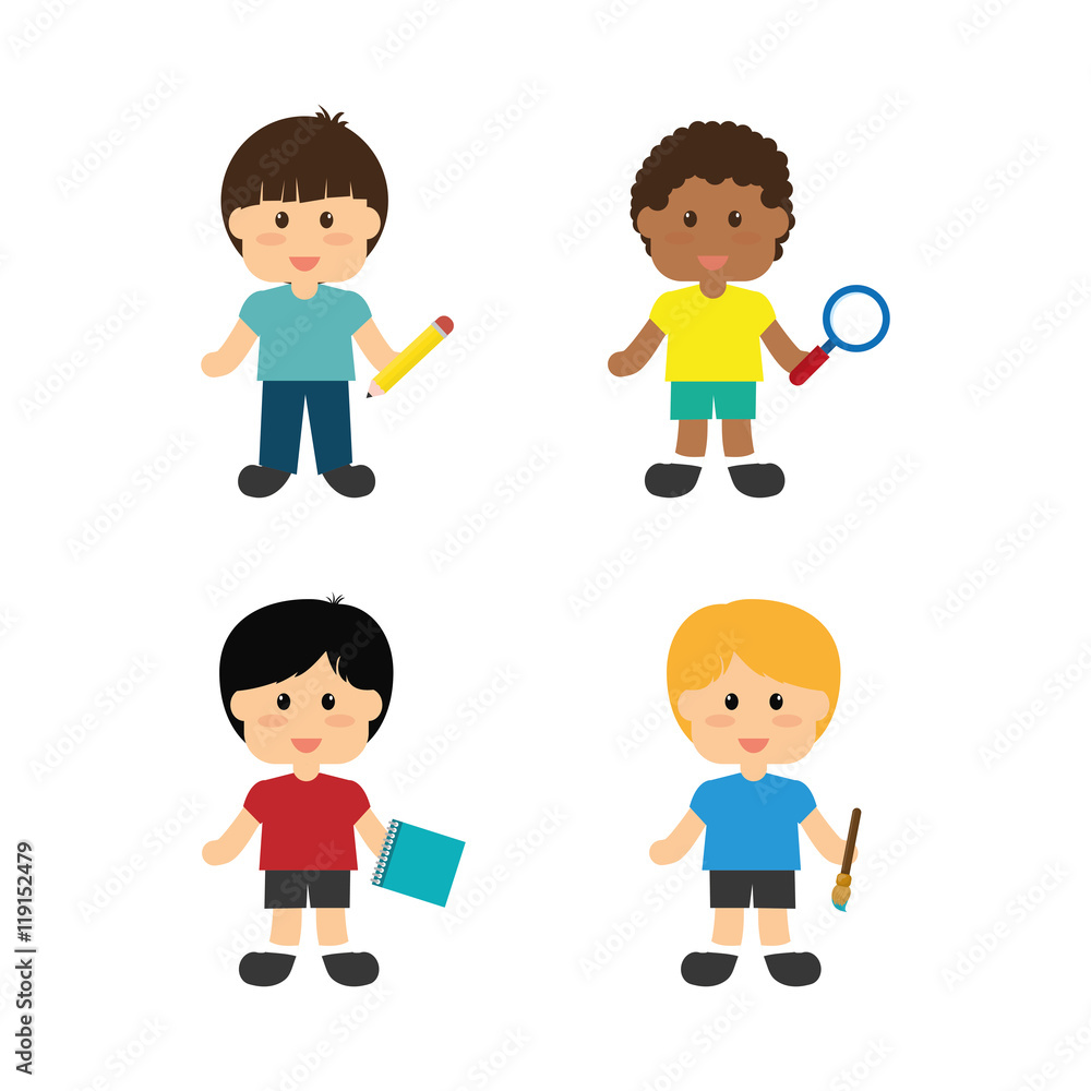 boys brush lupe pencil notebook back to shool education icon set. Colorful and flat design. Vector illustration boys brush lupe pencil notebook back to shool education icon set. Colorful and flat design. Vector illustration