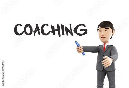 3d Businessman with a marker and word coaching.