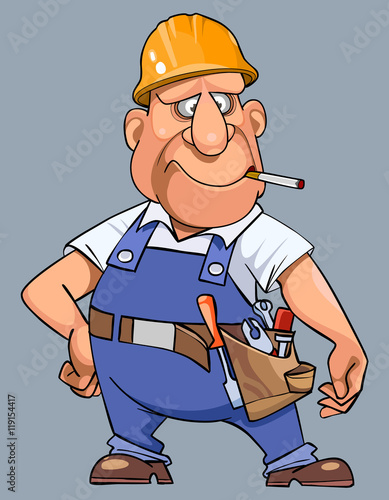 cartoon man in overalls with tools and helmet