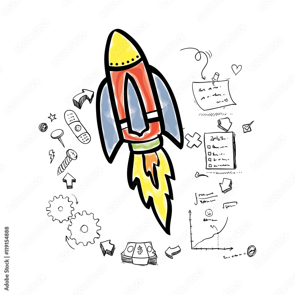 rocket gears puzzle checklist big and great idea creativity icon set. Sketch and draw design. Vector illustration