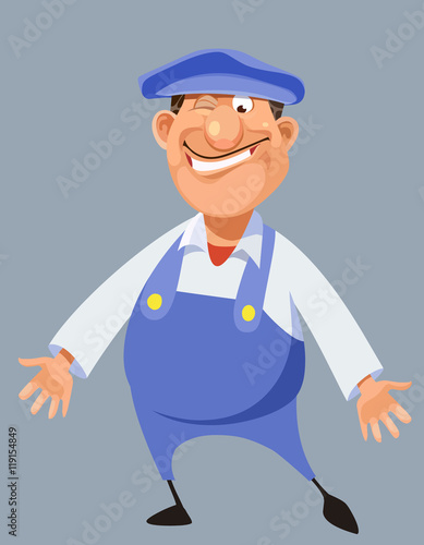 funny cartoon male worker in blue overalls and cap