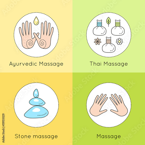 Set of vector linear icons with types of massage. Ayurvedic massage illustration. Logo for Thai massage. Classic massage concept. Stone massage emblem.