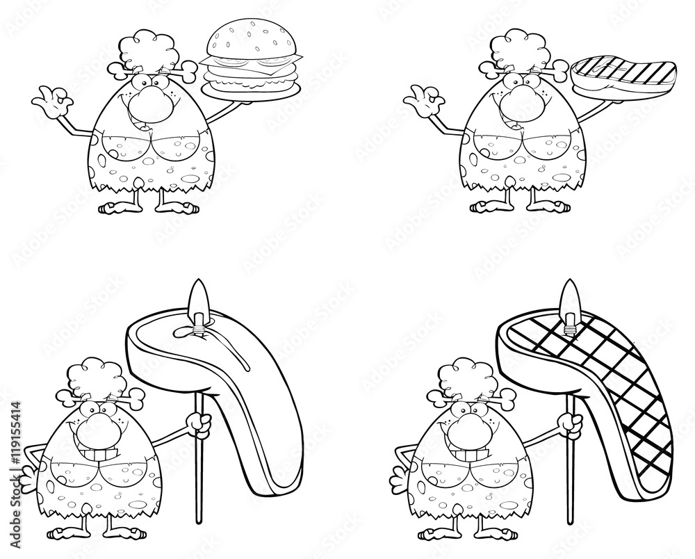 Black And White Smiling Cave Woman Cartoon Mascot Character 1. Collection Set Isolated On White Background Black And White Smiling Cave Woman Cartoon Mascot Character 1. Collection Set Isolated On White Background
