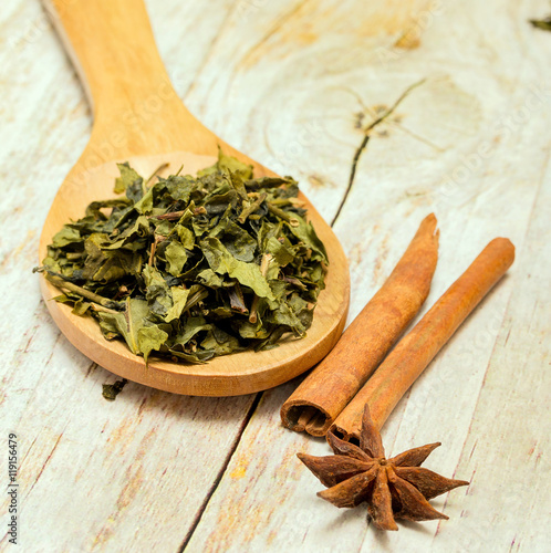 Fototapeta Naklejka Na Ścianę i Meble -  Green Tea Leaves Indicates Drinks Refreshes And Spiced