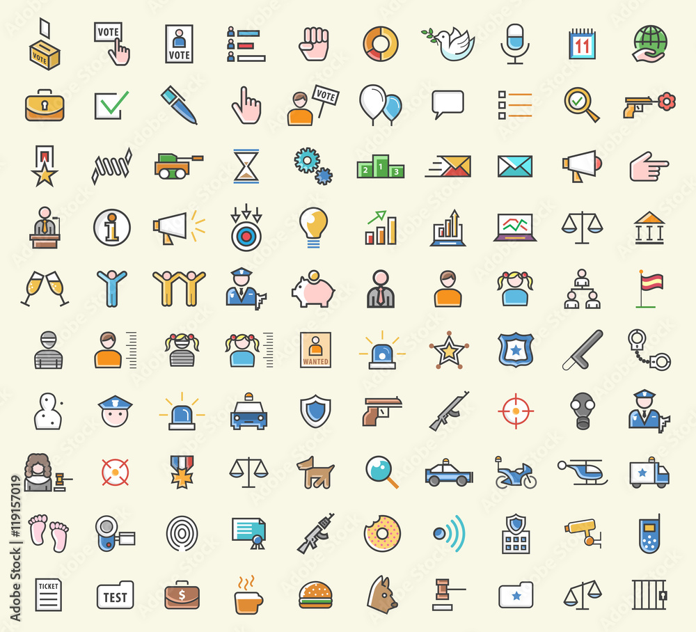 Fototapeta premium Set of 100 Minimalistic Solid Line Colored Political and Police Icons. Isolated Vector Elements.
