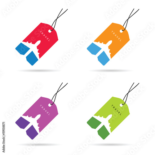 tag travel with airplane set color illustration