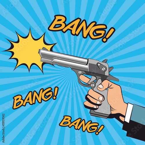 gun revolver hand bang bubble pop art comic cartoon icon. Colorful design striped background. Vector illustration