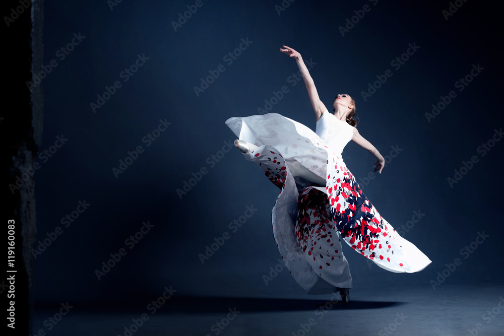 Naklejka premium Young ballerina in a beautiful dress is dancing in a dark photostudio