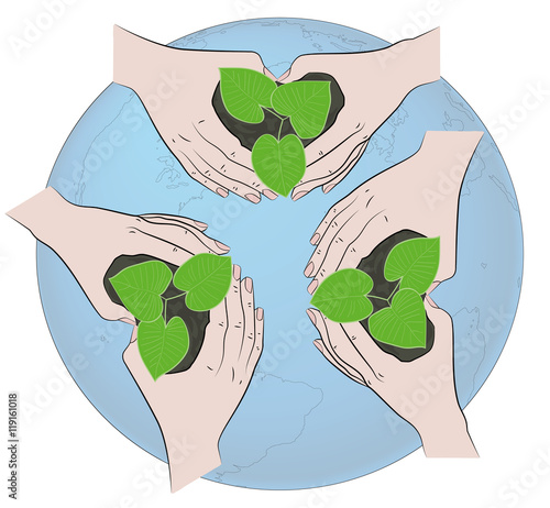 young plant cover their hands against the backdrop of the planet earth. vector illustration