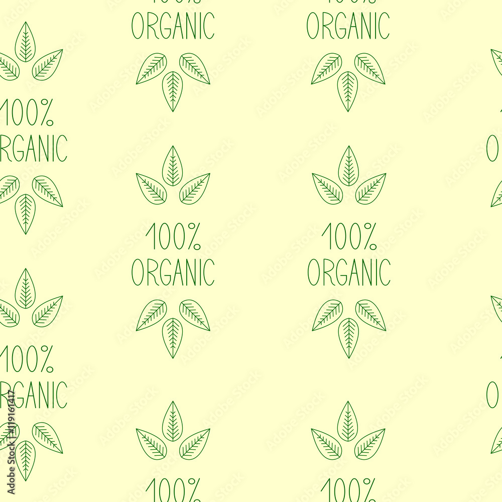 Seamless pattern with repeating green colored sprout on green lettering 100% organic Seamless pattern with repeating green colored sprout on green lettering 100% organic