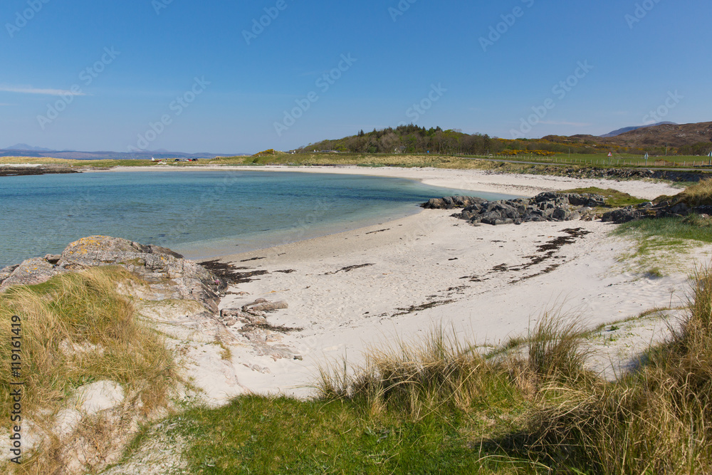 Scottish white sandy beach and clear blue sea Portnaluchaig north of Arisaig west Scotland uk Scottish Highlands