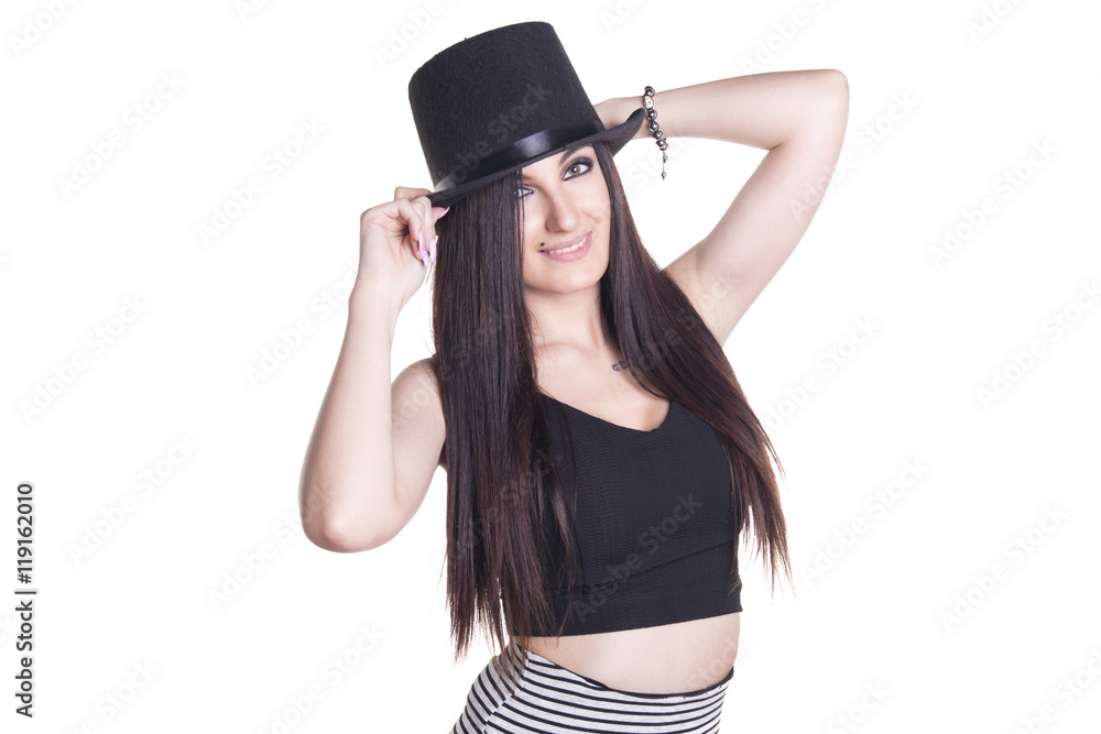 Happy brunette woman with a high hat, smiling, looking to camera, over a white background, isolated. Happy brunette woman with a high hat, smiling, looking to camera, over a white background, isolated.