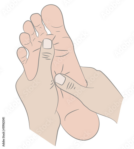 two hands doing foot massage. vector illustration