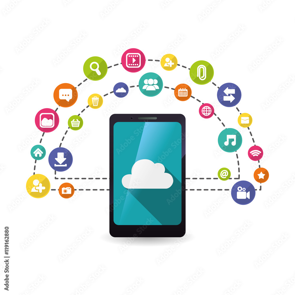 smartphone cloud mobile apps application online icon set. Colorful and flat design. Vector illustration smartphone cloud mobile apps application online icon set. Colorful and flat design. Vector illustration