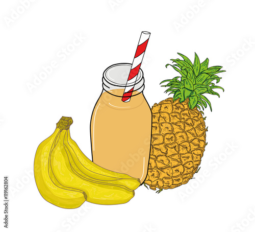 banana and pineapple juice in a glass jar with a straw. vector illustration