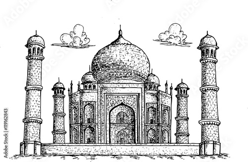 Taj Mahal Agra India hand drawn illustration