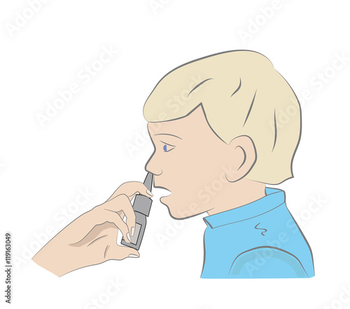 Nasal nose spray for child. instill medication into the face. Illustration on the theme of the common cold. Nasal spray