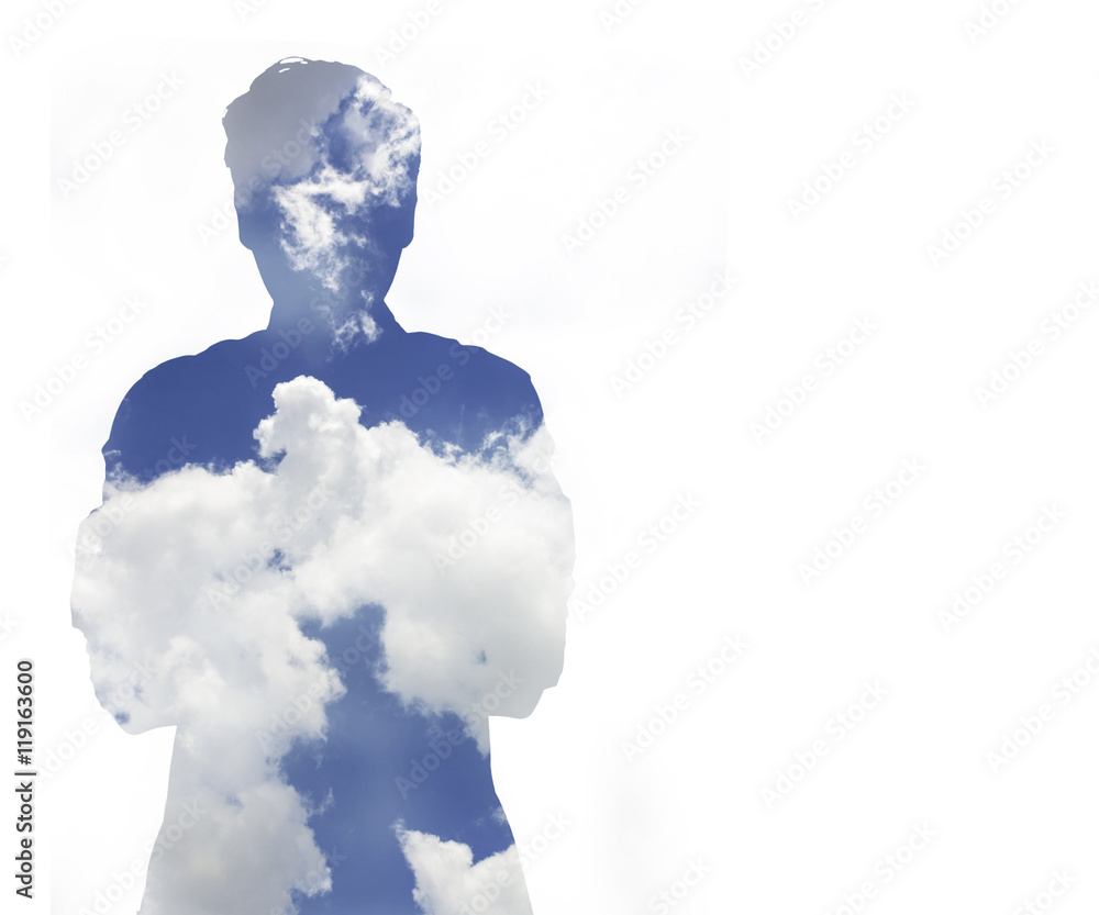 blue sky cloud inside human shape on white background