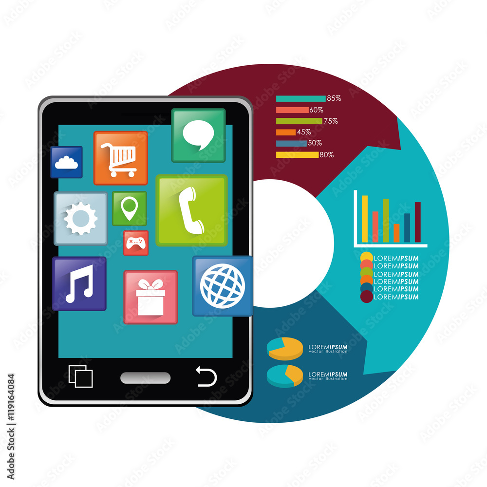 tablet infographic mobile apps application online icon set. Colorful and flat design. Vector illustration