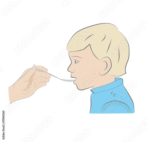 Doctor hand giving spoon dose of medicine liquid drinking syrup to child boy patient. vector illustration