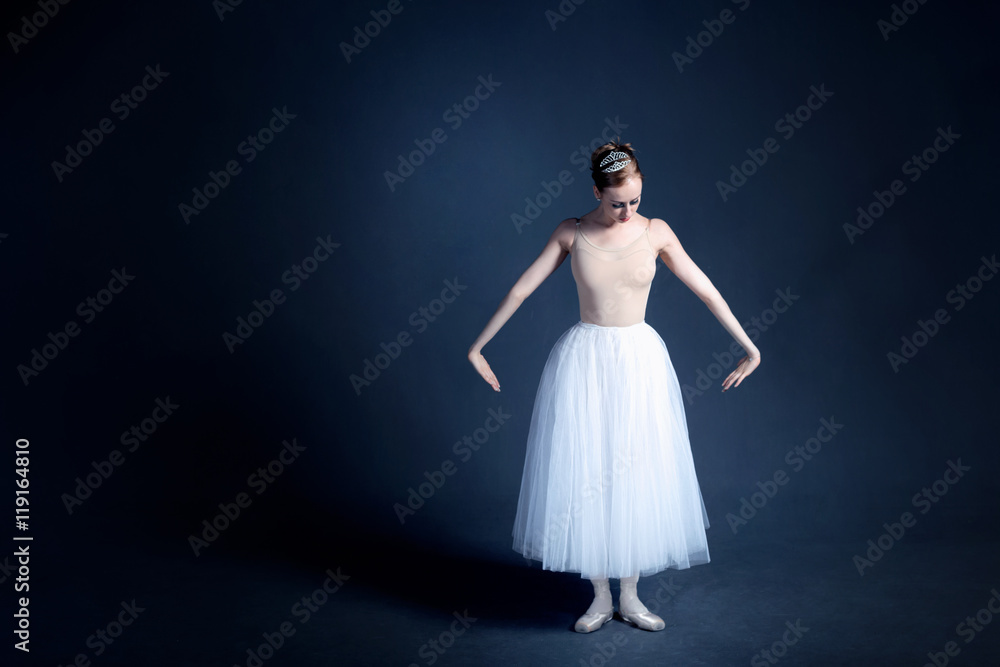 Fototapeta premium Young ballerina in a beautiful dress is dancing in a dark photostudio