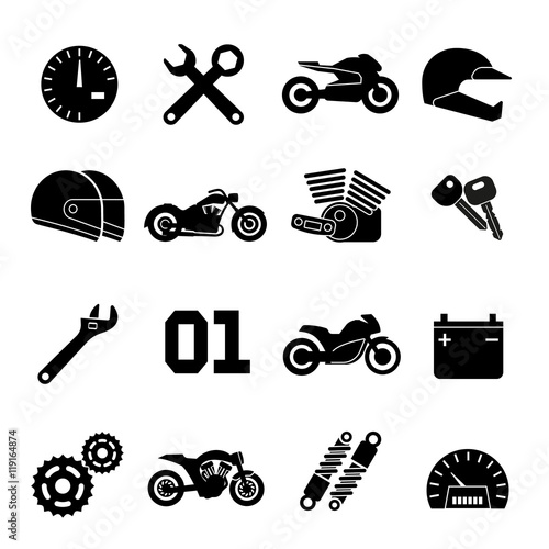 Motorbike, motorcycle race and spare parts vector icons