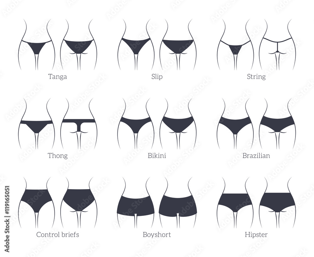Vetor de Female panties types icons. String and thong, tanga and