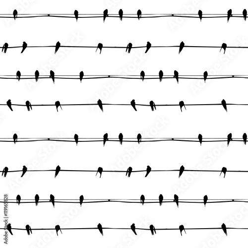 Vector seamless pattern. Silhouette of birds on a wire.
